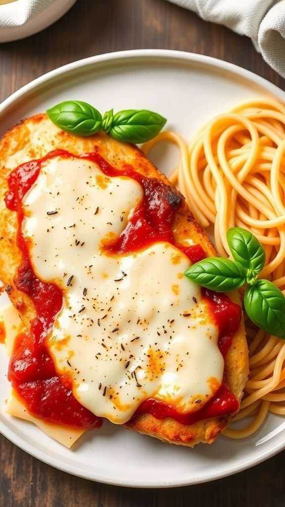 Easy Air Fryer Chicken Parmesan Recipe Air fryer chicken parmesan with marinara sauce and melted cheese, served with spaghetti and garnished with basil.